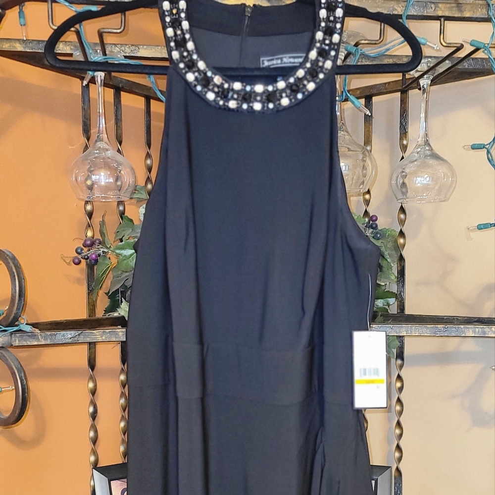 Beaded collar long dress, ruching on the side, and ruffled trim